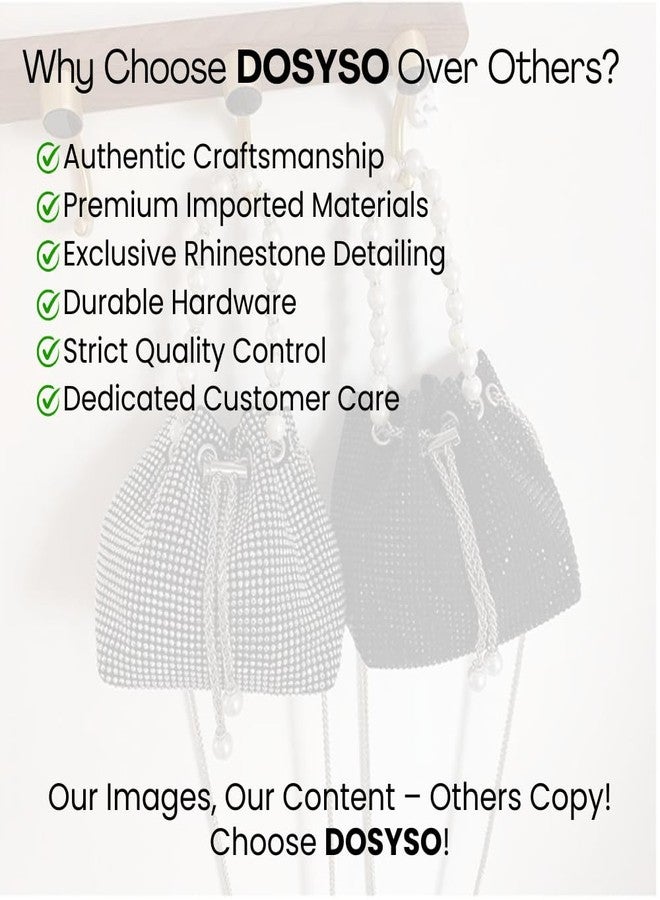 DOSYSO Diomond Bucket Bag Mini Evening Pearl Handle Handbags Clutch For Women Drawstring Crossbody Sling Bags with Chain Strap Stylish Potli Bags Ladies Purse for Party Wedding Bling Bags (Silver). - Image 5